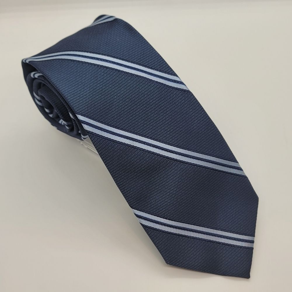J. Campbell 100% Silk Blue Tie with Thin Double Silver Tone Diagonal Stripes